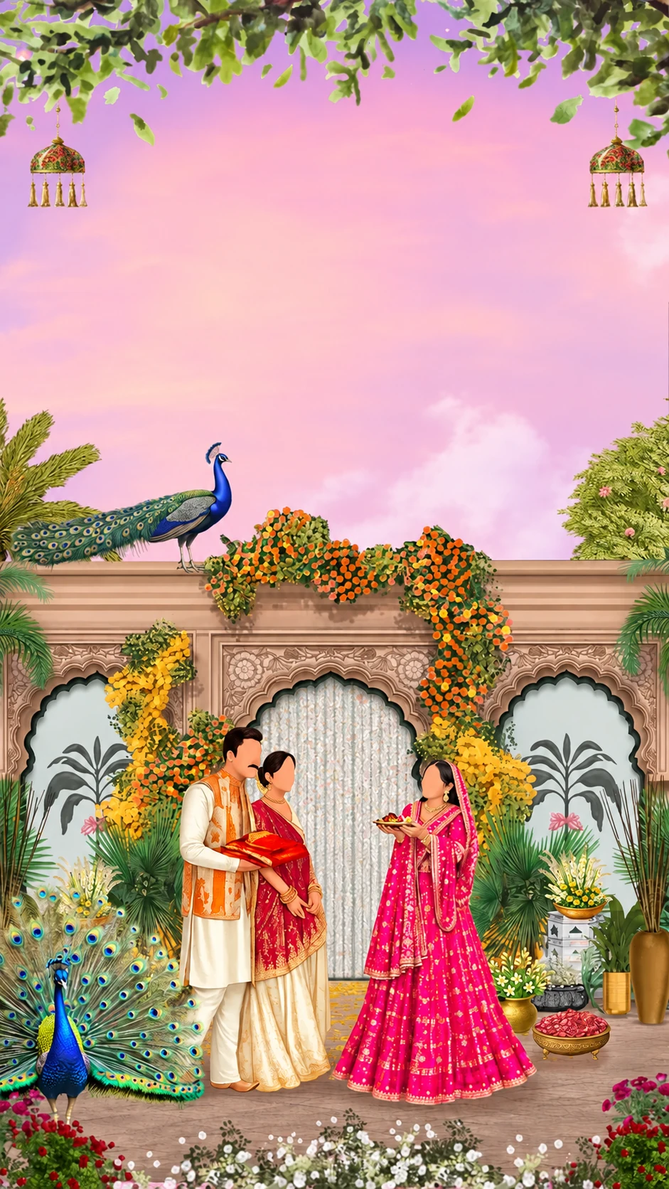 Peacocks and a floral pink garden with a faceless family in ceremonial Indian attire