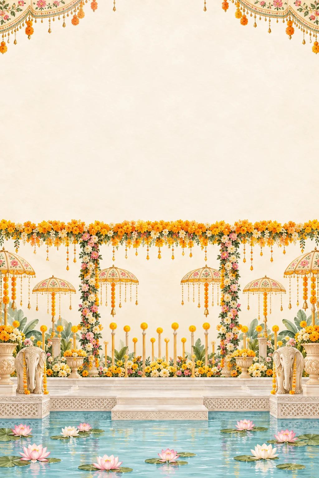 Marigold canopies and a lotus pool in a pastel Indian courtyard