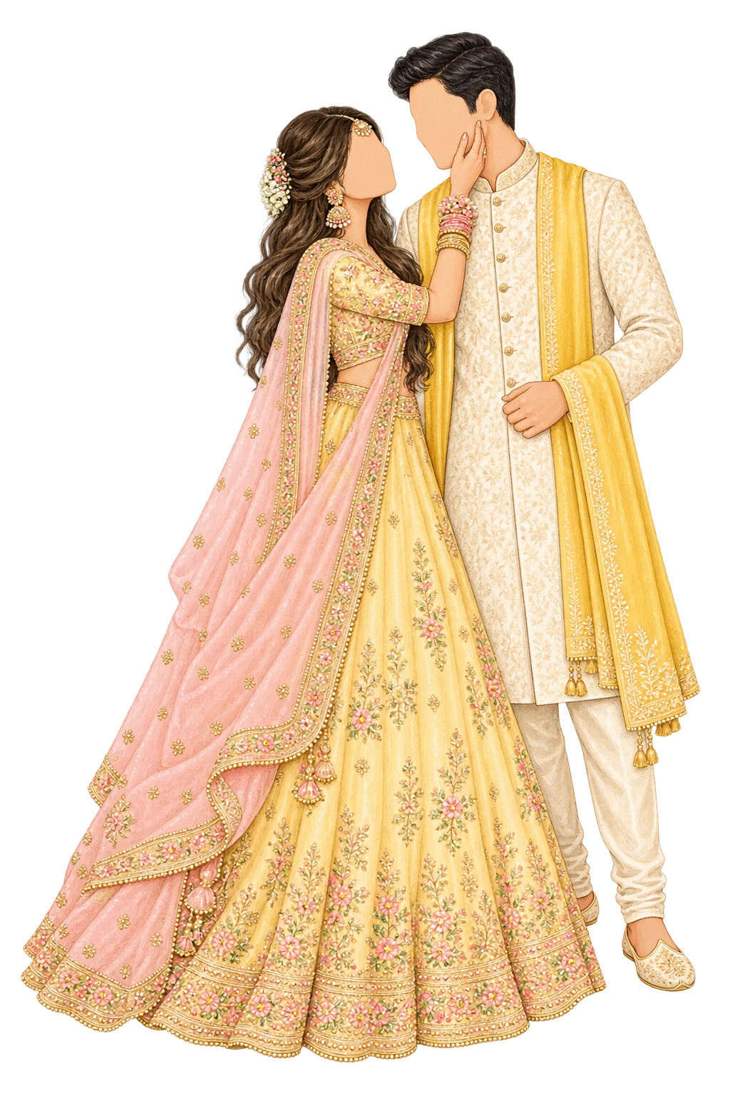 Faceless bride and groom sharing a tender Haldi moment in coordinated yellow and ivory clothing