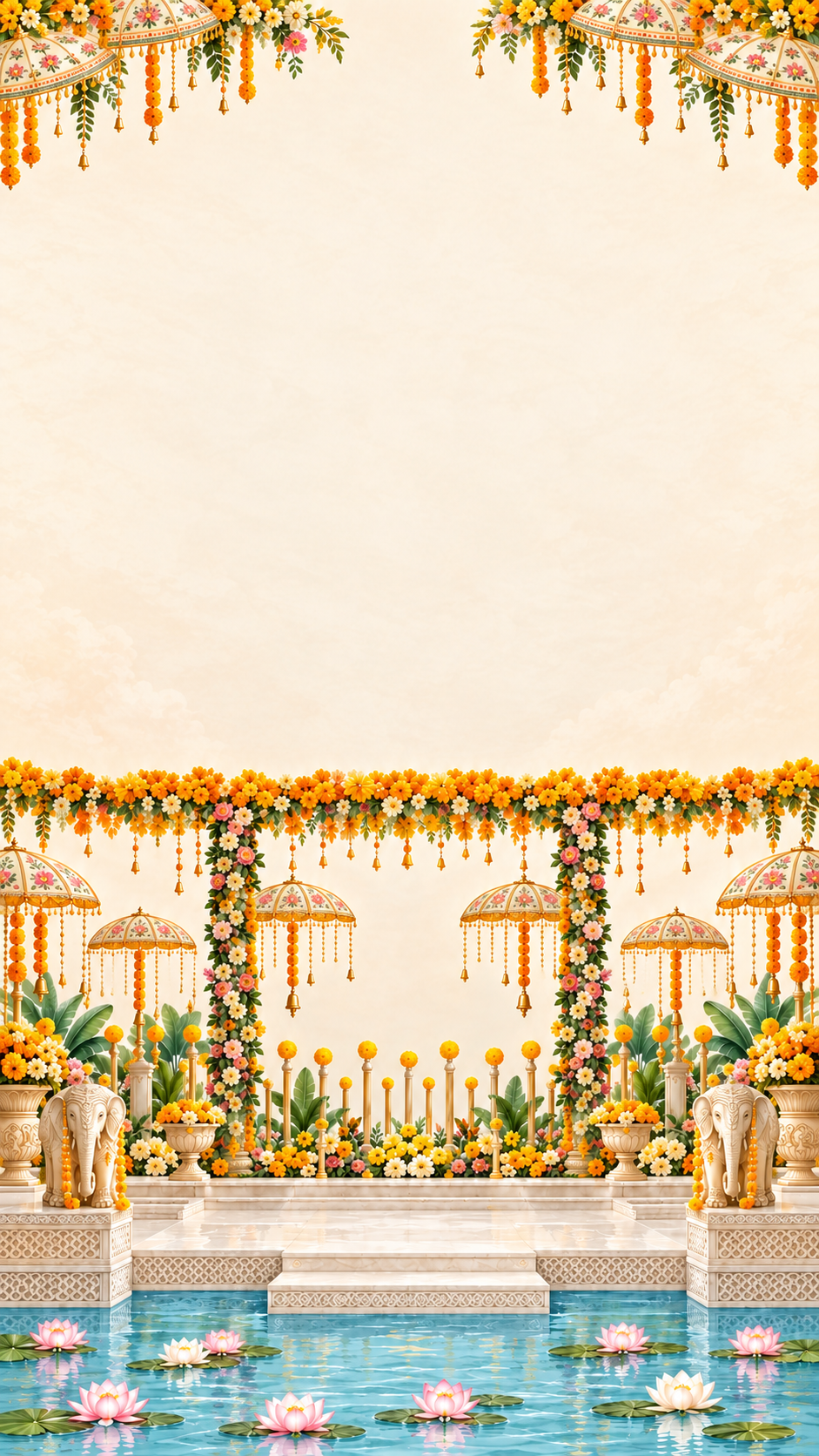 Marigold canopies and a lotus pool in a pastel Indian courtyard