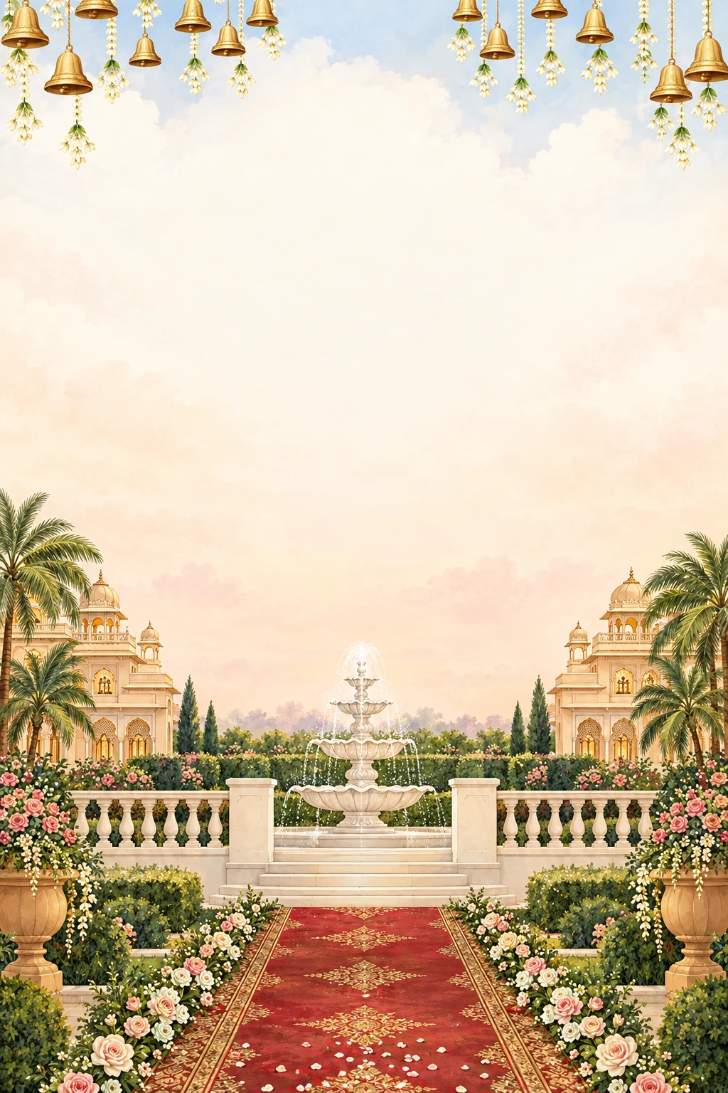 A palace garden with hanging brass bells and a fountain
