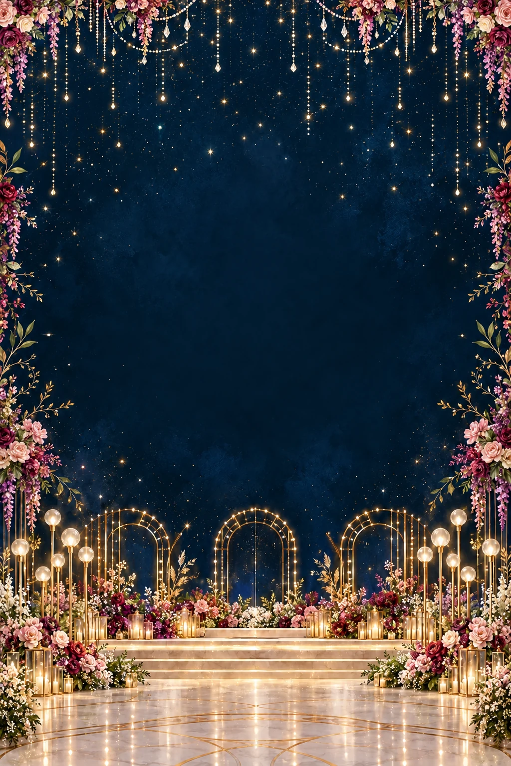 Gold chandeliers and flowers framing a midnight-blue Sangeet ballroom