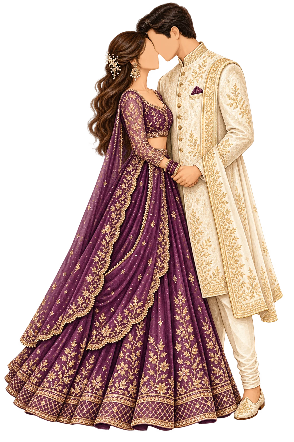 Faceless couple holding each other in a romantic pose, wearing a plum lehenga and ivory bandhgala