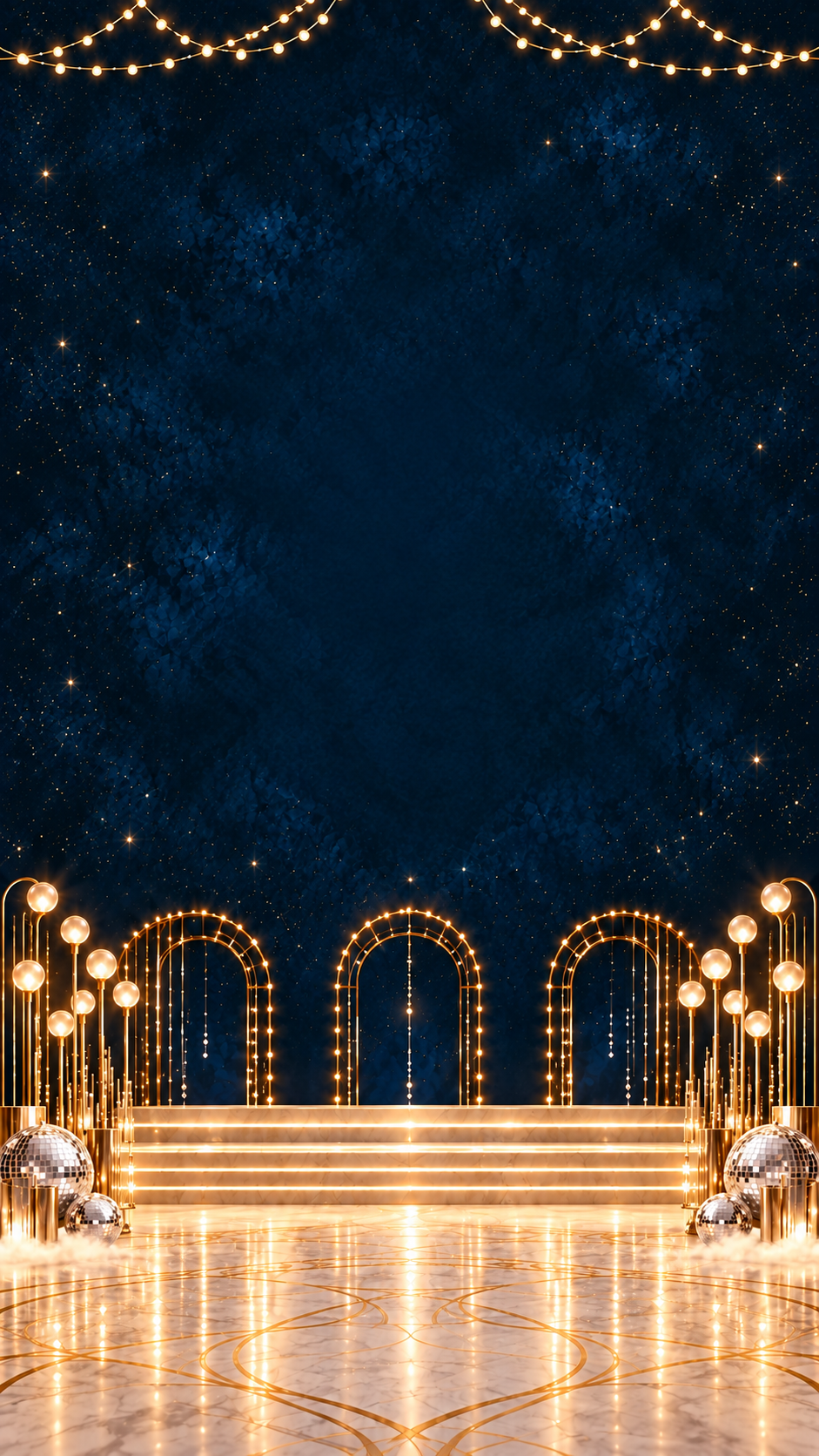Gold lights framing a midnight-blue Sangeet ballroom