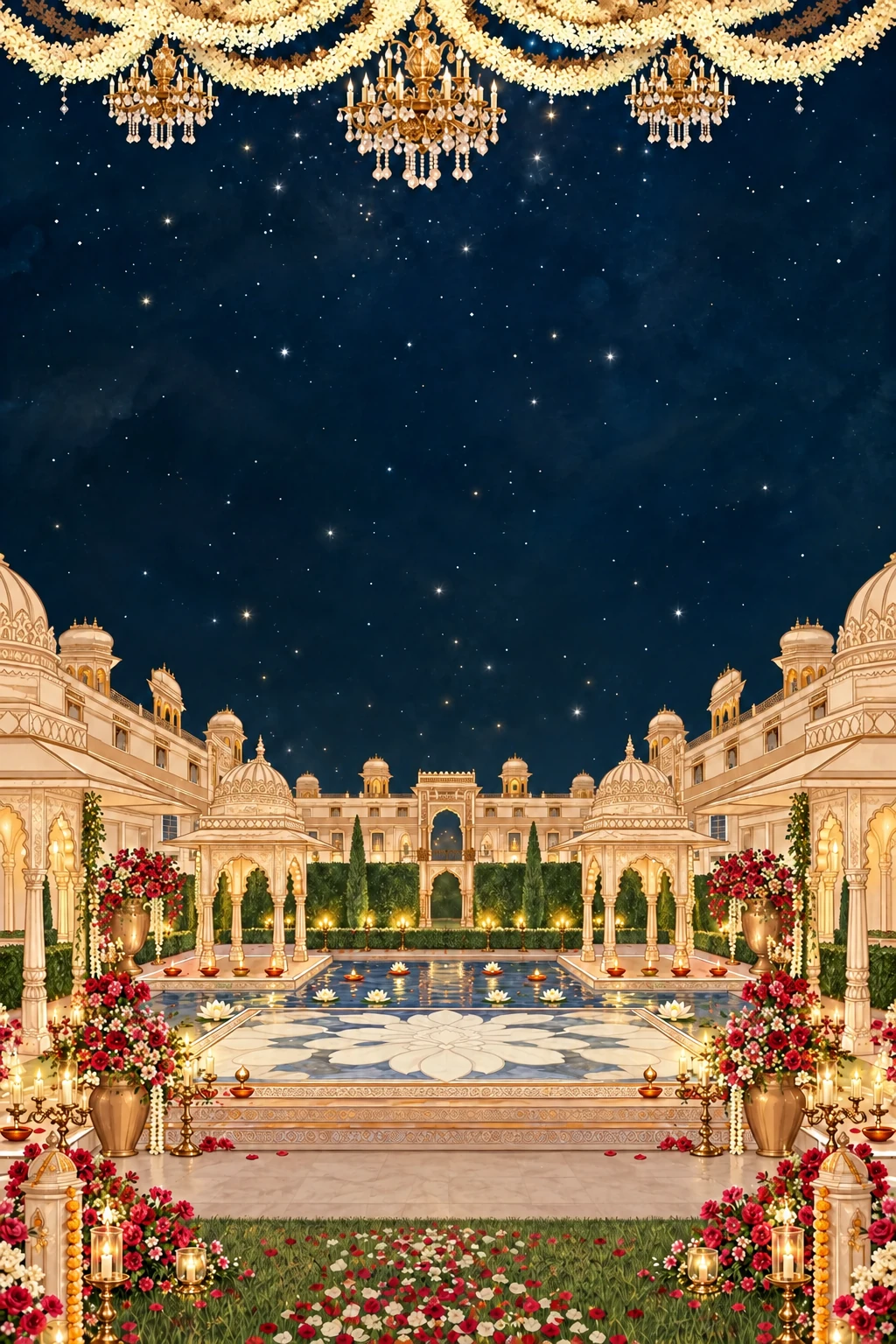 An illuminated palace courtyard with chandeliers and a floral wedding stage