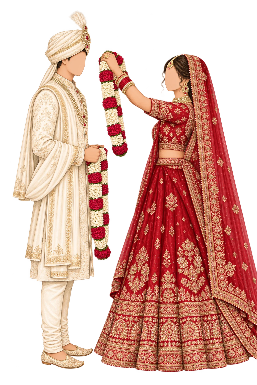 Faceless bride and groom in coordinated wedding attire holding flower garlands