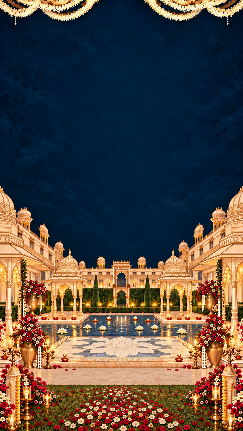 An illuminated palace courtyard with chandeliers and a floral wedding stage
