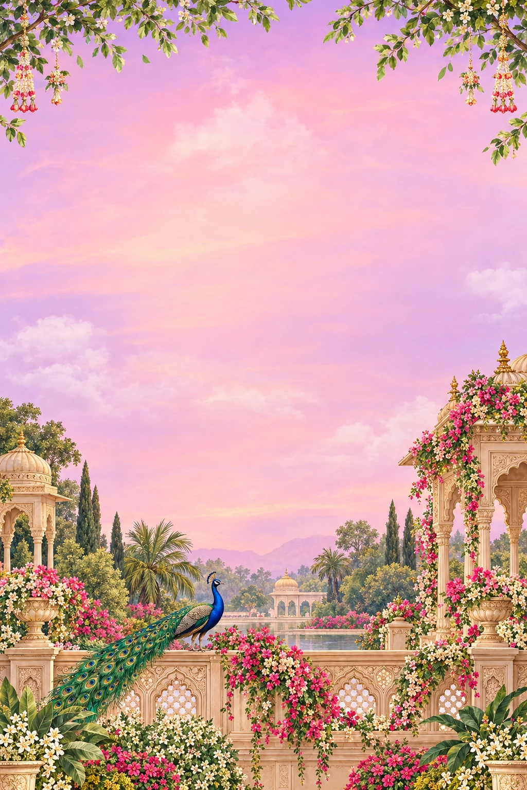 An illustrated Indian palace garden with peacocks and flowers beneath a blush sky